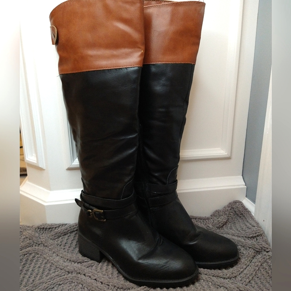 Rampage Black & Chestnut Brown Melda Knee High Riding Style Boots